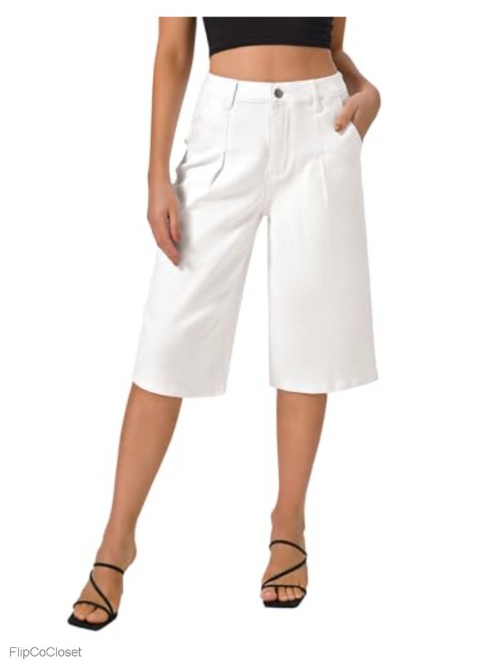 Stretchy Denim Bermuda Shorts High Rise Wide Leg with Pockets